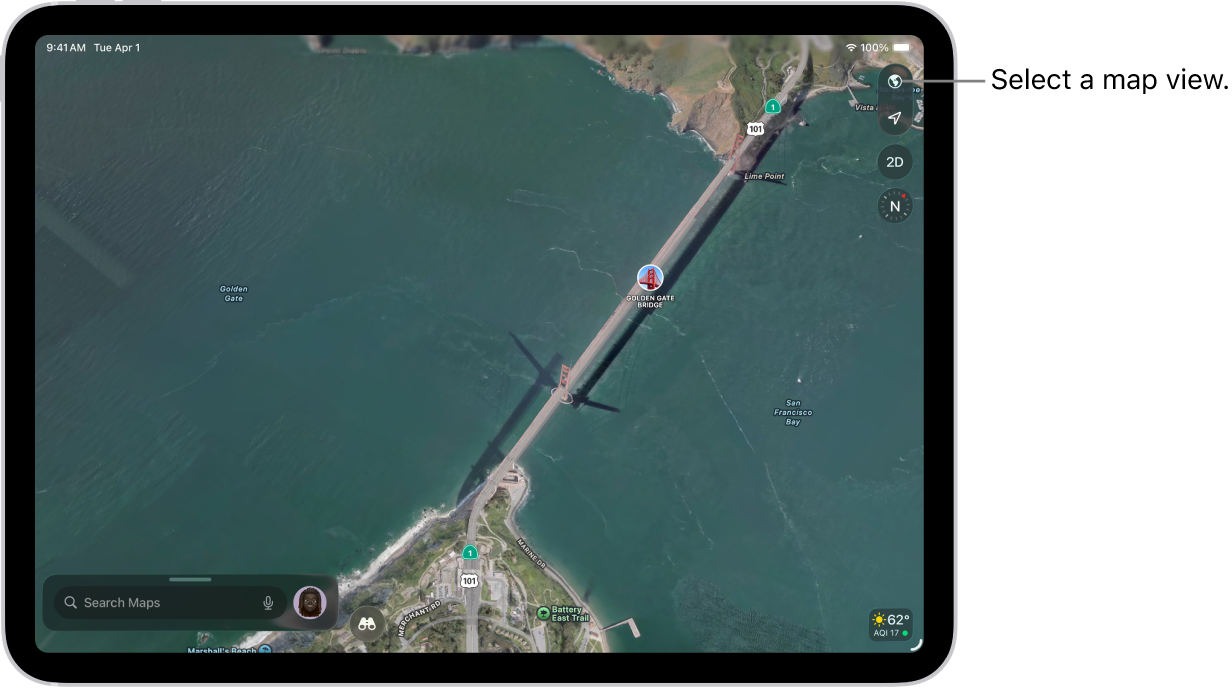 A street and park map showing trees, points of interests, and locations like trails and viewpoints.