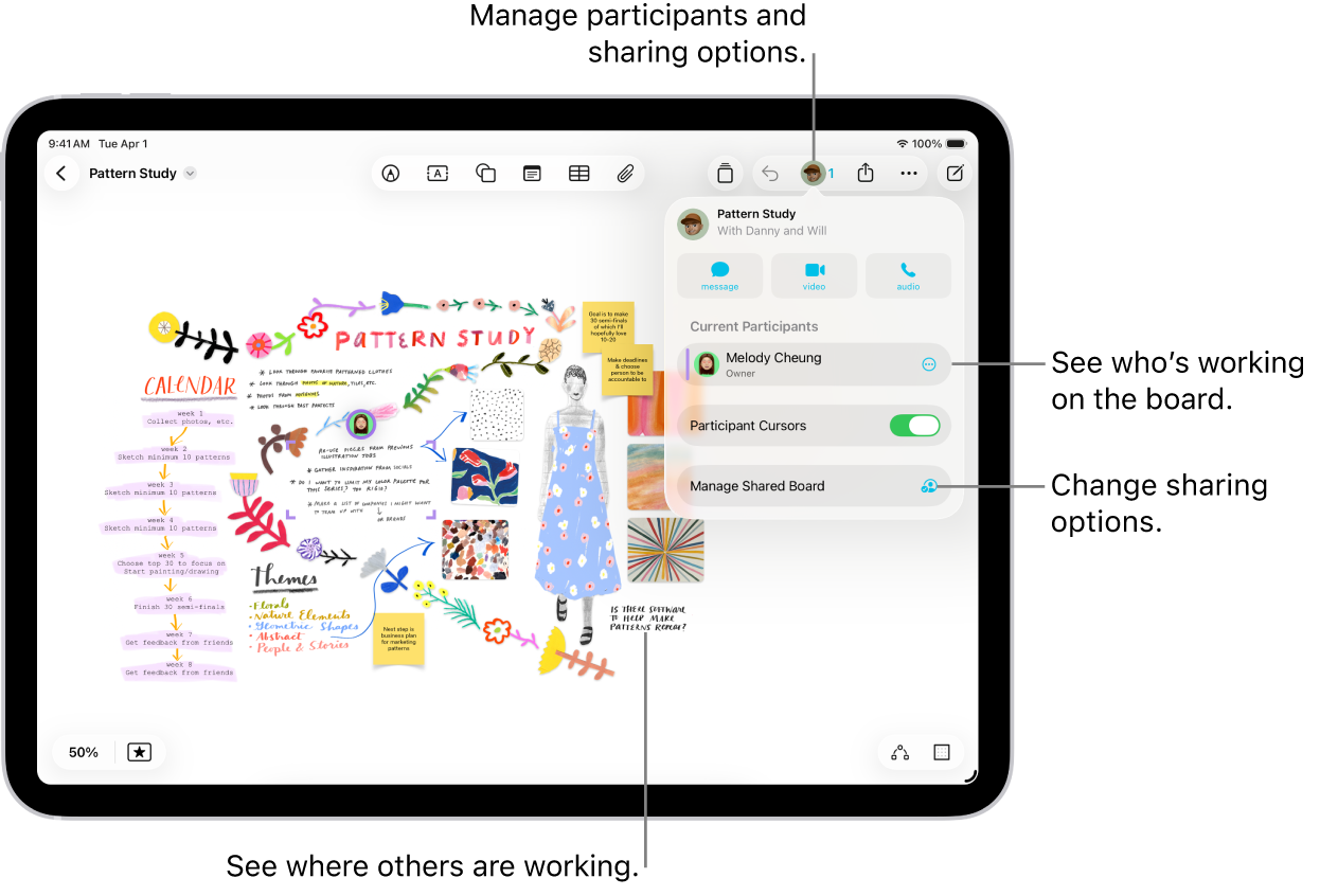 A shared Freeform board on iPad with the collaboration menu open and the location other participants on the board marked with color tick marks.