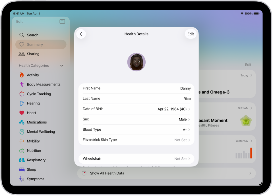 The Health Details screen, which includes fields for name, birth date, blood type, and other information.
