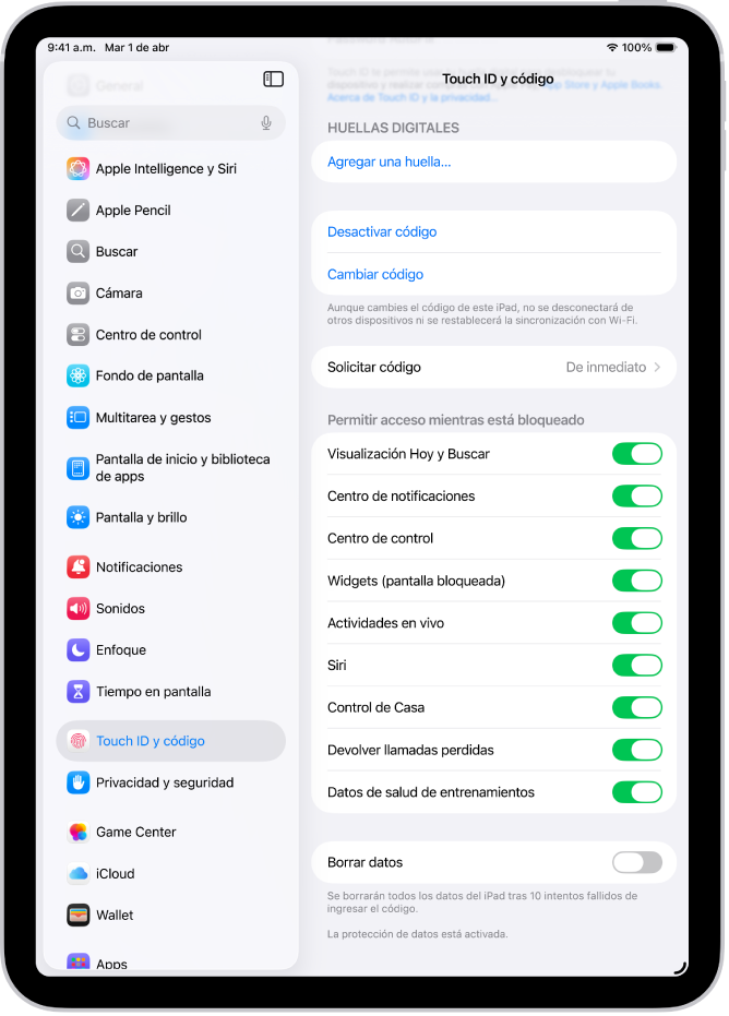 La configuración de Face ID y código mostrando opciones para permitir el acceso a determinadas funciones cuando el iPad está bloqueado.