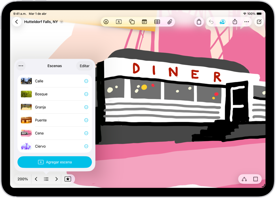 Un pizarrón de la app Freeform con el navegador de escenas abierto y varias escenas guardadas.