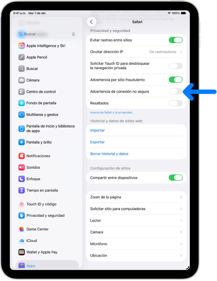 El control Advertencia de conexión no segura, ubicado debajo de Privacidad y seguridad en la configuración de Safari.