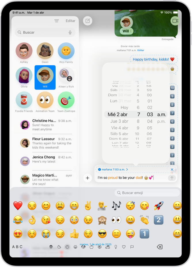 Conversación de Mensajes con un mensaje programado para enviarse más tarde.