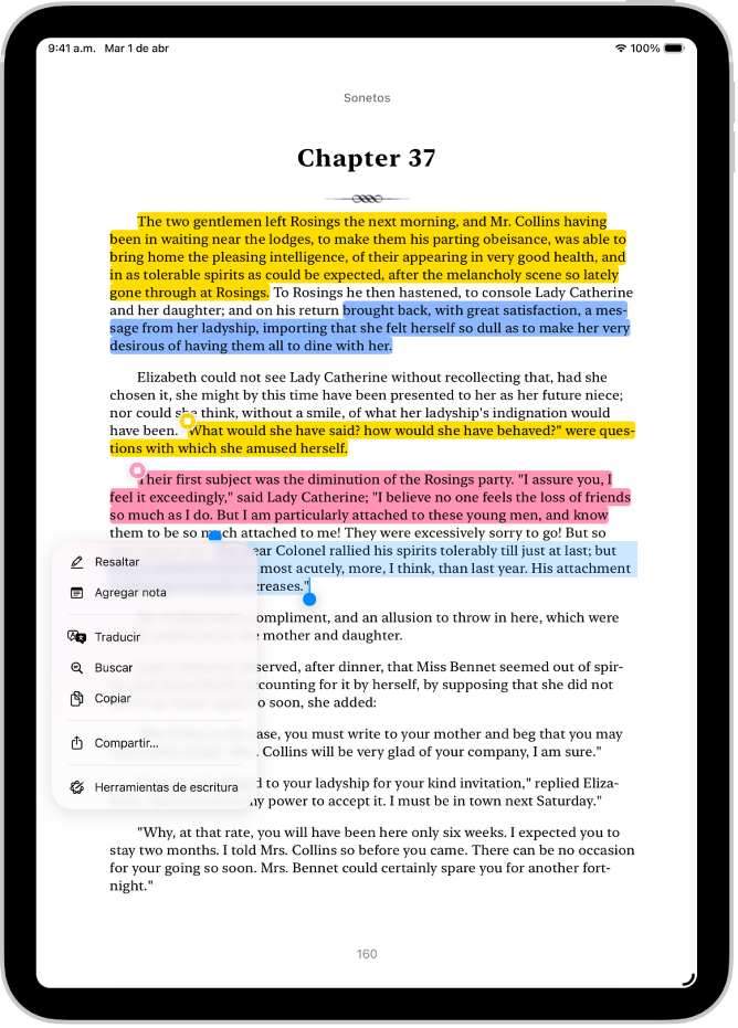 Una página de un libro en la app Libros con una parte del texto de la página seleccionado. Los botones Resaltar, Agregar nota, Traducir, Buscar, Copiar y Compartir están arriba del texto seleccionado.