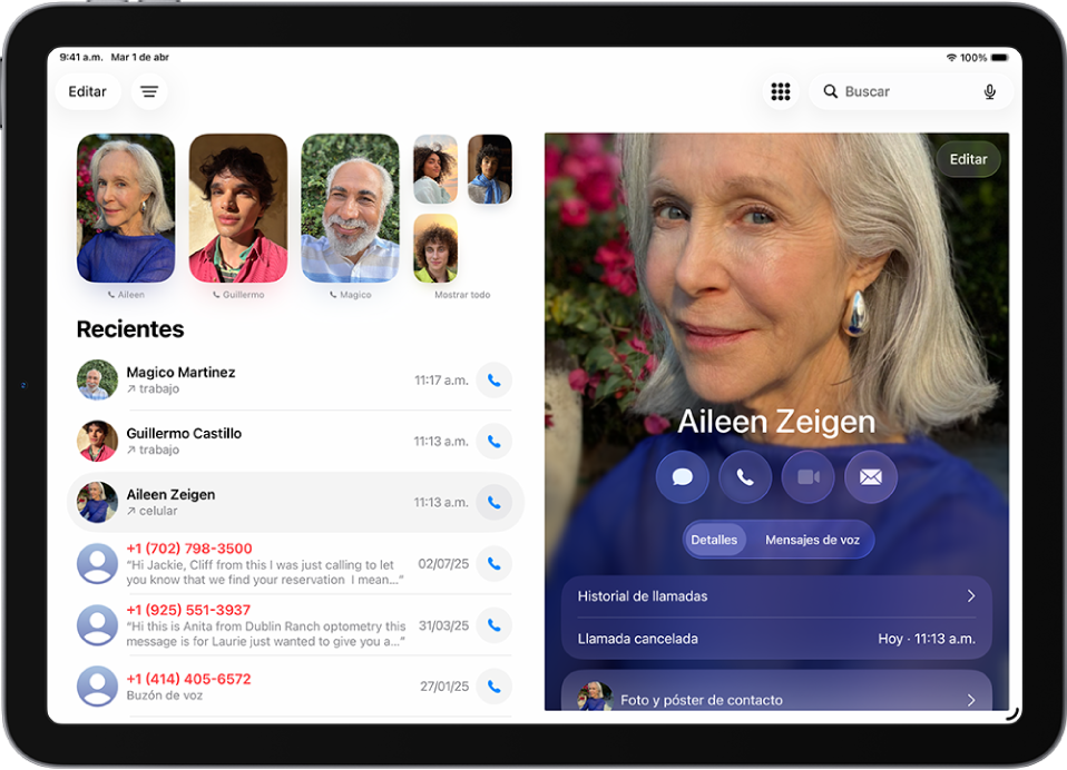 La app Teléfono con la pantalla Favoritos en el lado izquierdo de la pantalla. Debajo de los favoritos está una lista de llamadas recientes y mensajes de voz. La información de contacto aparece en la parte derecha de la pantalla, con el botón Teclado en el área superior derecha de la pantalla.