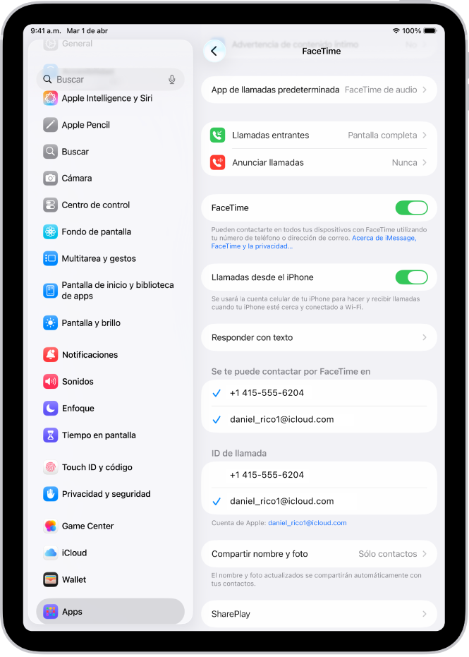 La pantalla de configuración de FaceTime donde se encuentra el control para activar o desactivar FaceTime y el número telefónico y la dirección de correo electrónico donde se te puede localizar.