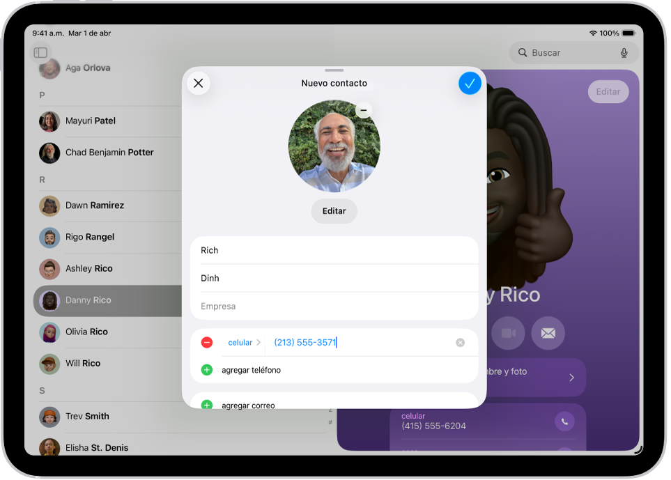 La ventana Nuevo contacto en la app Contactos.