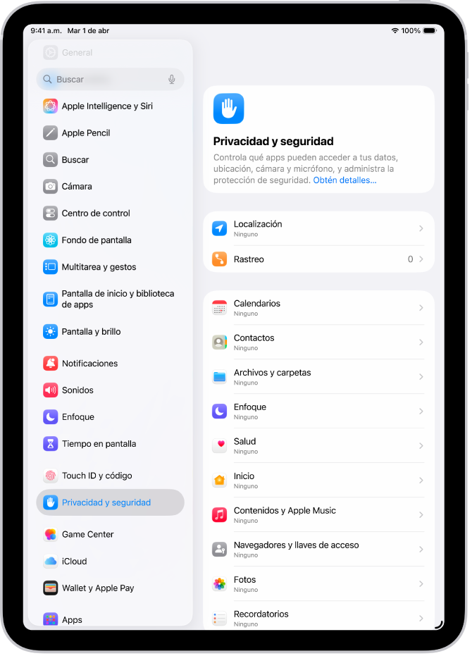 La configuración de la función Localización en la sección Privacidad y seguridad, con opciones para compartir la ubicación del iPad, incluyendo opciones personalizadas para apps específicas.