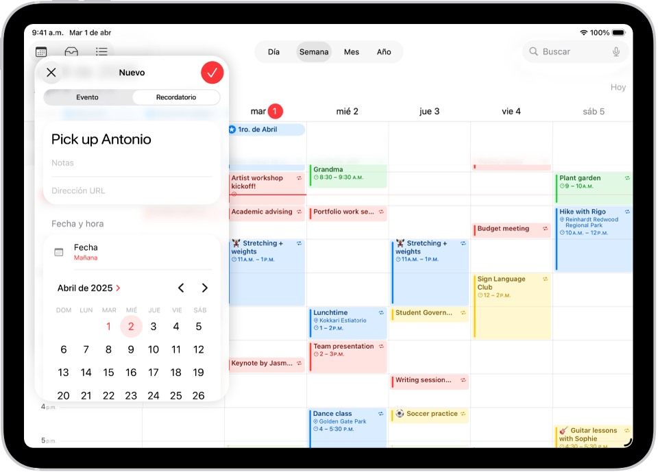 Un calendario en vista semanal que muestra la ventana para crear un recordatorio.