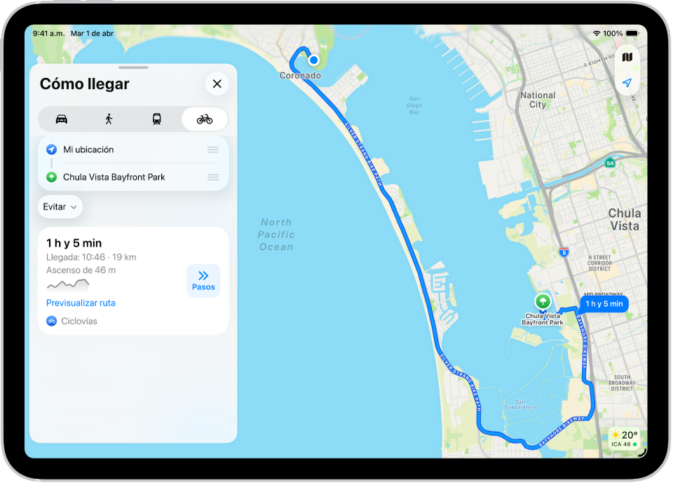 Un mapa muestra varias rutas en bici, cada una con un botón Pasos.