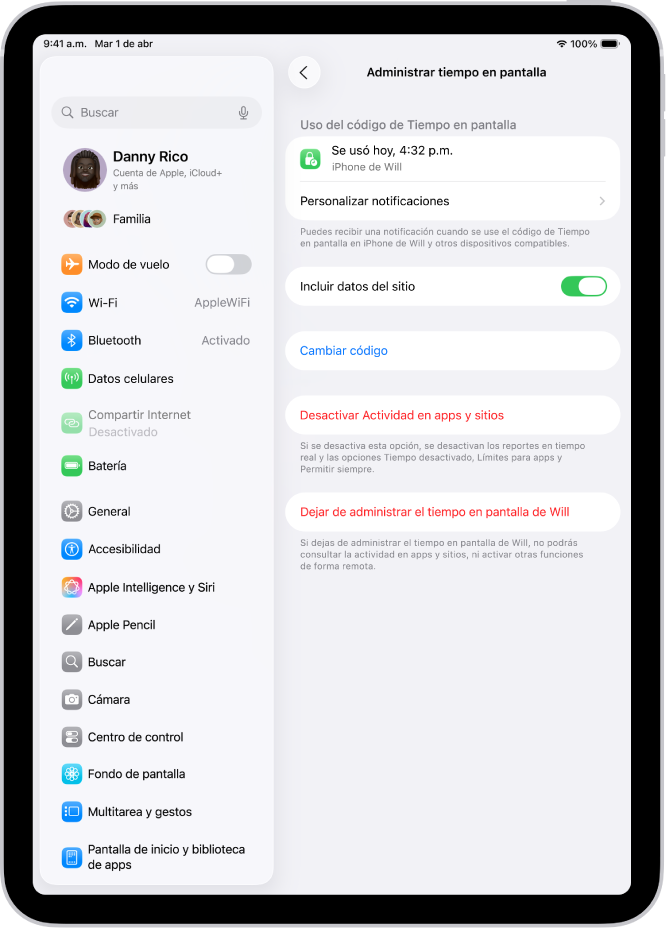 La pantalla Administrar tiempo en pantalla para un menor de la familia muestra la última vez que se utilizó el código de acceso y en qué dispositivo.