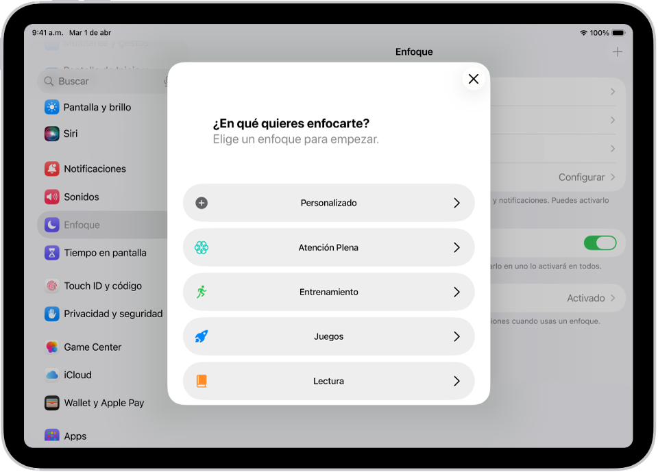 Pantalla de configuración con las opciones de enfoque adicionales que se proporcionan, incluyendo Personalizado, Entrenamiento, Juegos, Atención plena y Lectura.