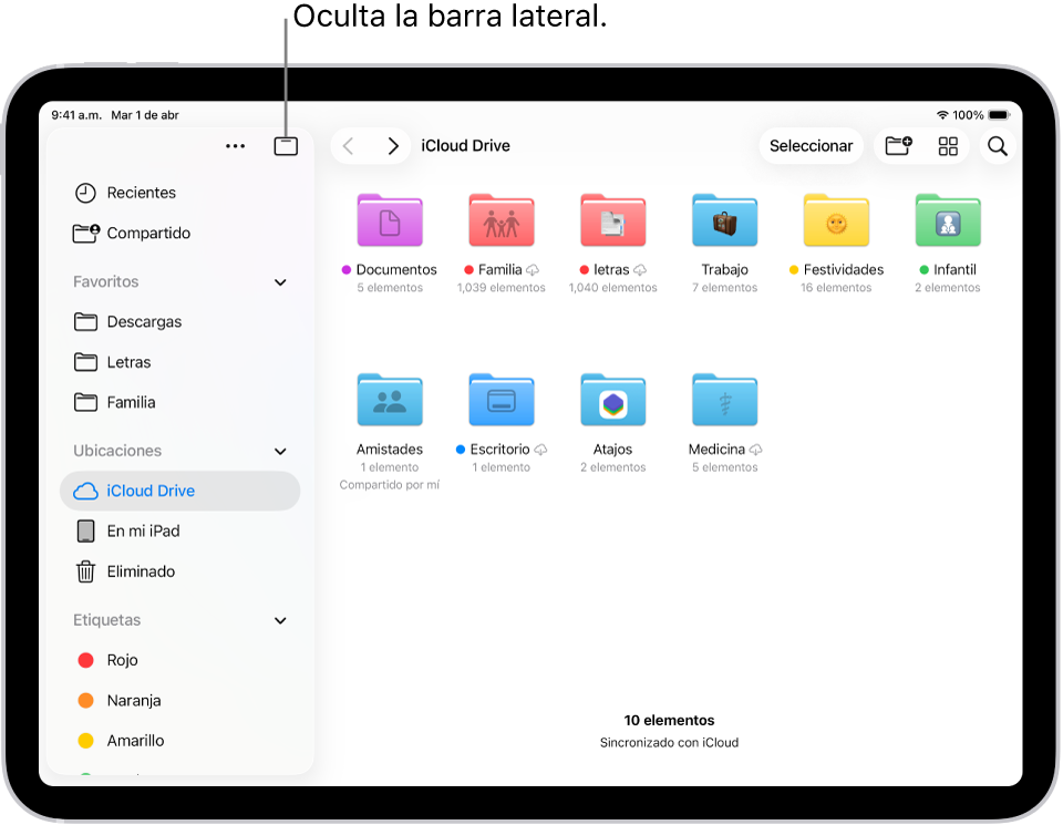 La app Archivos muestra los archivos y carpetas en tu iCloud Drive. En la parte superior de la pantalla están los botones para seleccionar elementos, crear una nueva carpeta, cambiar a la vista de lista, íconos o columnas, y la búsqueda.