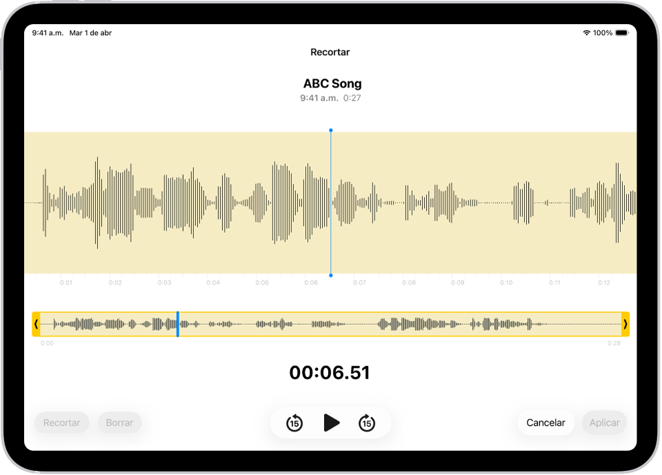 Se está editando una grabación, con las manijas de recorte amarillas que separan una porción de la onda de audio en la parte inferior de la pantalla. A la izquierda de los controles de reproducción están el botón Recortar para eliminar la parte de la grabación que se encuentra fuera de las manijas, y el botón Eliminar para eliminar la parte de la grabación que se encuentra dentro de las manijas.