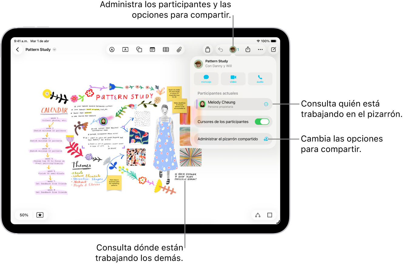 Un pizarrón de Freeform compartido en un iPad con el menú de colaboración abierto y la ubicación de otros participantes en el pizarrón indicada con marcas de colores.