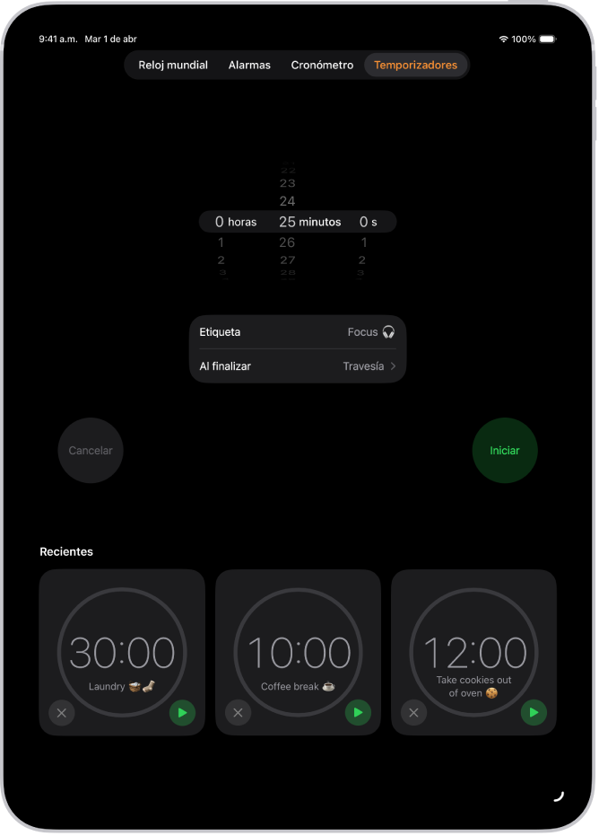 La pestaña Temporizadores con la configuración para programar un temporizador. Hay un temporizador recién creado debajo de la configuración del temporizador. Los botones Reloj mundial, Alarma, Cronómetro y Temporizadores están en la parte inferior.