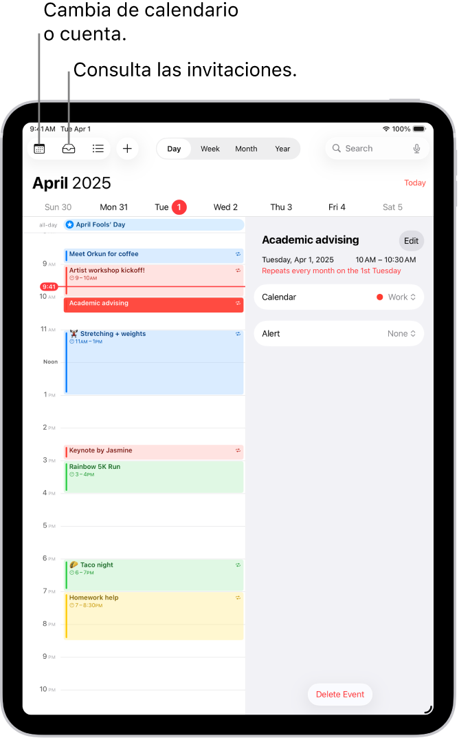 Un calendario en visualización por días. Los botones de la parte superior central permiten cambiar la vista entre Día, Semana, Mes y Año. El botón Calendarios está en la parte superior izquierda de la pantalla y el botón “Bandeja de entrada” está cerca de la parte superior izquierda.