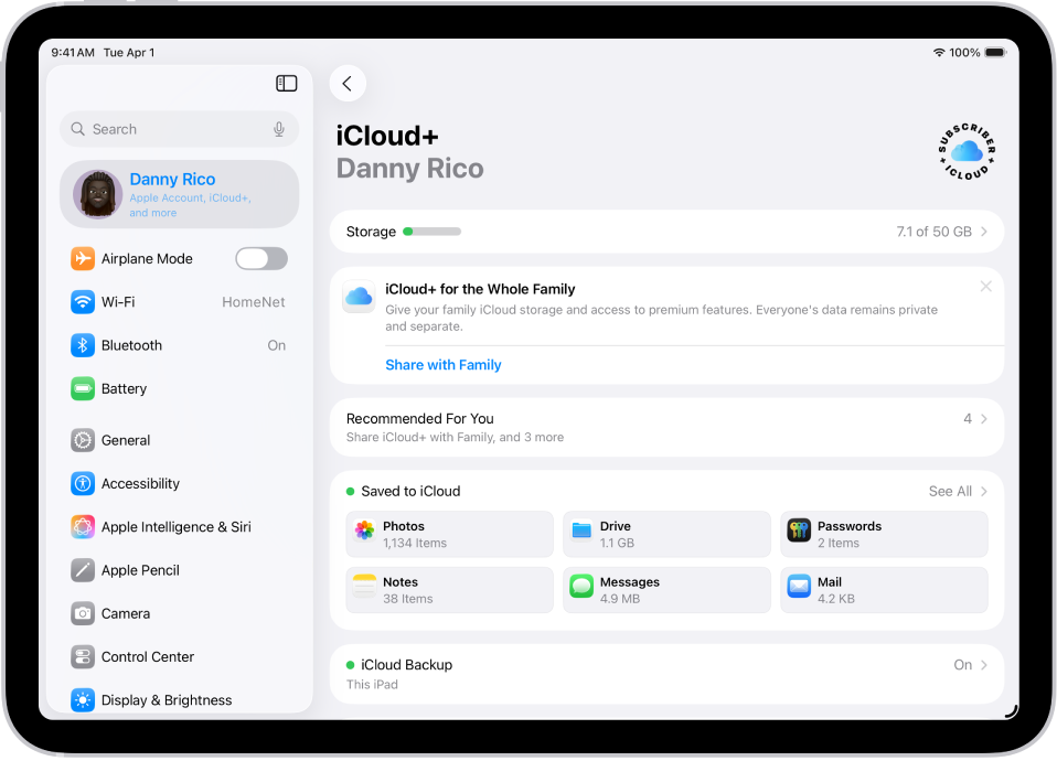 Pantalla de ajustes de iCloud con el medidor de almacenamiento y una lista de servicios, como Fotos, iCloud Drive y copia de seguridad en iCloud, que se pueden usar con iCloud.