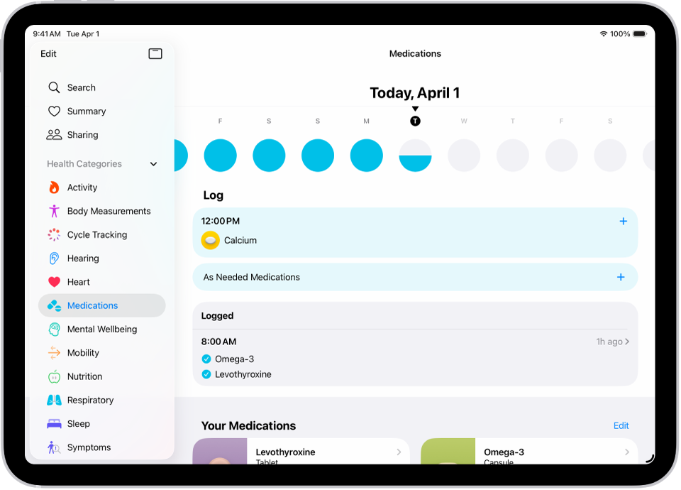 La pantalla Medicación de la app Salud, con una fecha y un registro de los medicamentos.