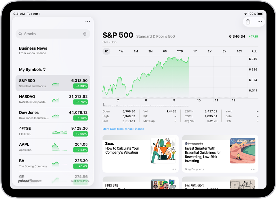 La pantalla Bolsa en el iPad incluye una gráfica con el rendimiento de un valor a lo largo de la mañana. A la izquierda hay una lista de símbolos bursátiles. Sobre la gráfica se encuentran botones para mostrar el rendimiento del valor a lo largo de una semana o incrementos más grandes de meses y años, hasta 10 años. Debajo de la gráfica está la información del valor, como el precio de apertura, los precios máximo y mínimo, y la capitalización de mercado, y enlaces a noticias económicas.
