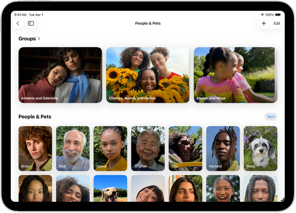 La colección “Personas y mascotas” está abierta en la app Fotos. En la parte superior de la pantalla hay grupos y, a continuación, personas y mascotas individuales.