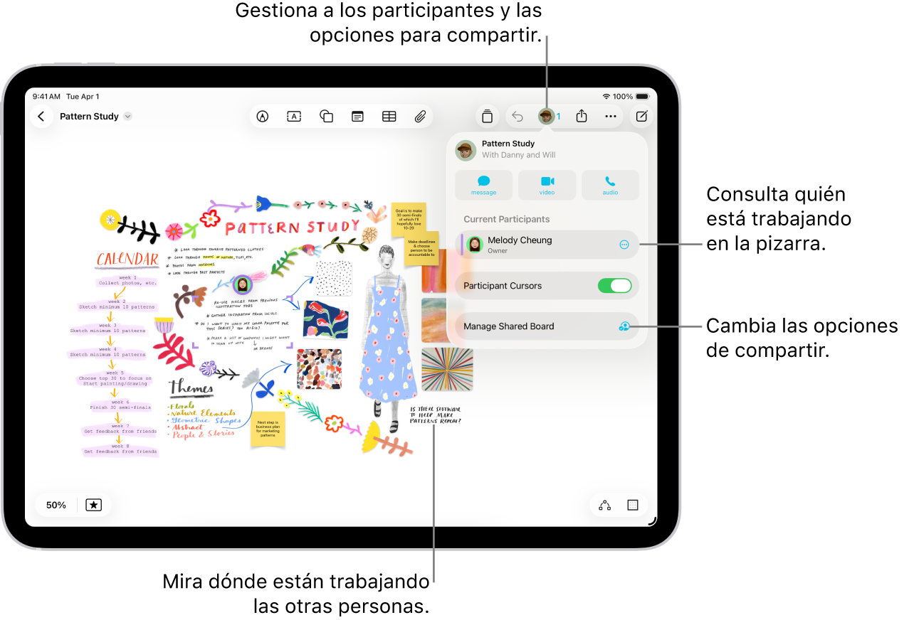Una pizarra de Freeform compartida en el iPad con el menú de colaboración abierto y la ubicación de otros participantes en la pizarra marcado con marcas de verificación de color.