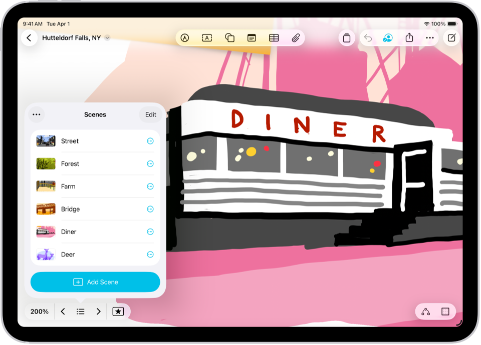 Una pizarra de la app Freeform con el navegador de escenas abierto y varias escenas guardadas.
