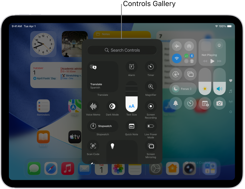 Control Center muutmisrežiimis, avatud on juhikute galerii, kus on kõik võimalikud juhikud.