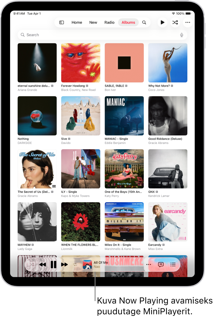 Vahekaardi Albums allosas on MiniPlayer. MiniPlayer näitab hetkel esitatava loo pealkirja.