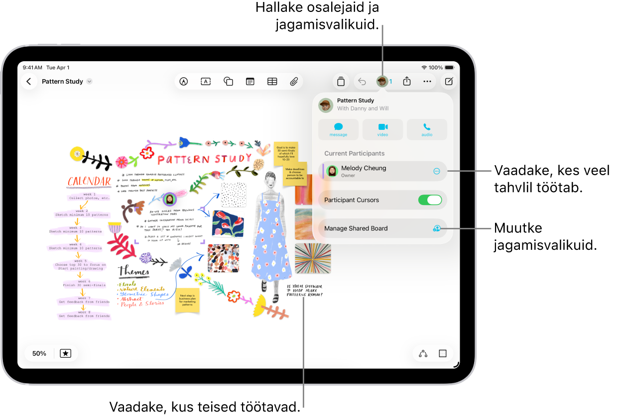 iPadis on jagatud Freeformi tahvel, kus on avatud koostöömenüü ning teiste osalejate asukohad on tahvlil tähistatud värviliste linnukestega.