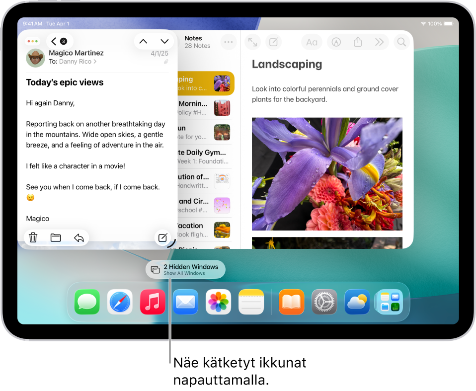 iPadin näytöllä on kaksi appia avoinna ja pillerinmuotoinen Näytä kaikki ikkunat ‑painike, jota napautettaessa näytetään kohdeapin kaikki avoimet ikkunat.