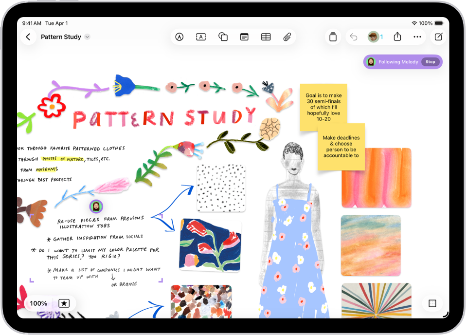 Joku seuraa toisen henkilön Freeform-taulua. Toisen henkilön valinta on merkitty avatarilla ja värillisellä valintamerkillä.