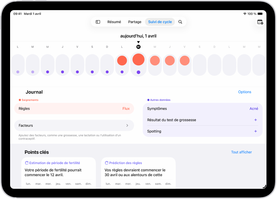 L’écran « Suivi de cycle » montrant la chronologie d’une semaine en haut de l’écran. Des cercles rouges pleins et des points violets marquent les cinq premiers jours sur la chronologie. Sous la chronologie se trouvent des options pour ajouter des informations sur les règles, les symptômes, et plus encore.