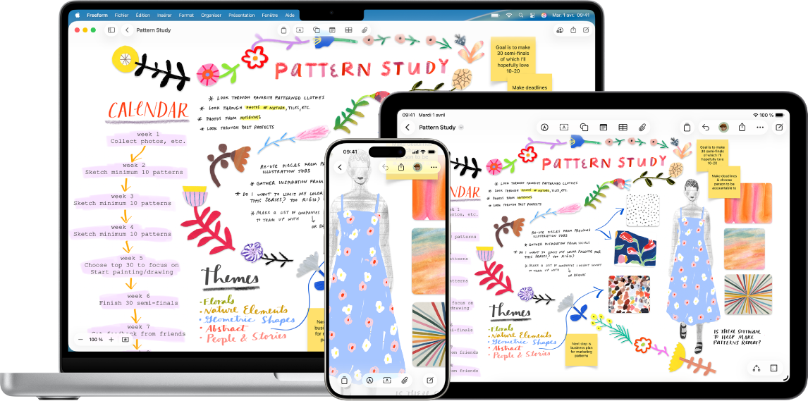Un Mac, un iPad et un iPhone avec le même tableau Freeform ouvert.