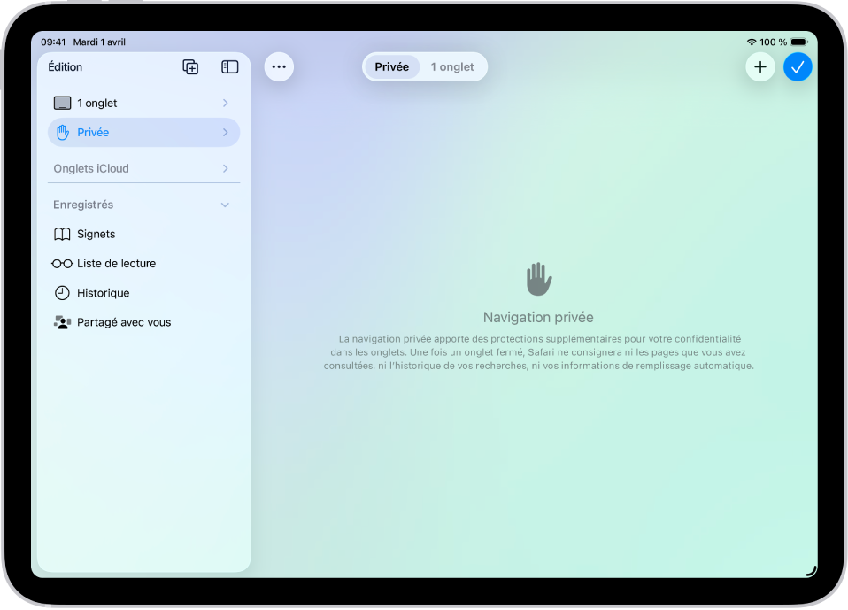 La barre latérale de Safari du côté gauche de la fenêtre de Safari est ouverte, et l’option « Privée » est sélectionnée. Sur la droite se trouve un texte expliquant que Safari ne gardera pas en mémoire vos données de navigation.