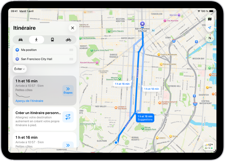 Un plan affichant deux itinéraires à pied, chacun accompagné d’un bouton Étapes.
