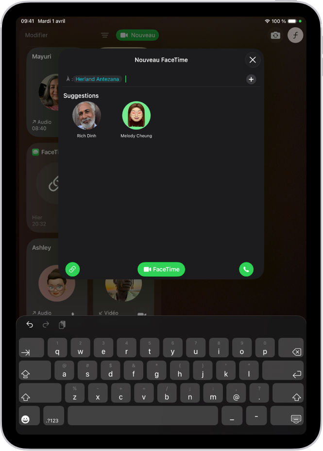 La fenêtre « Nouveau FaceTime » sur l’iPad. Un nom est saisi dans le champ À et deux suggestions de contact s’affichent en dessous.