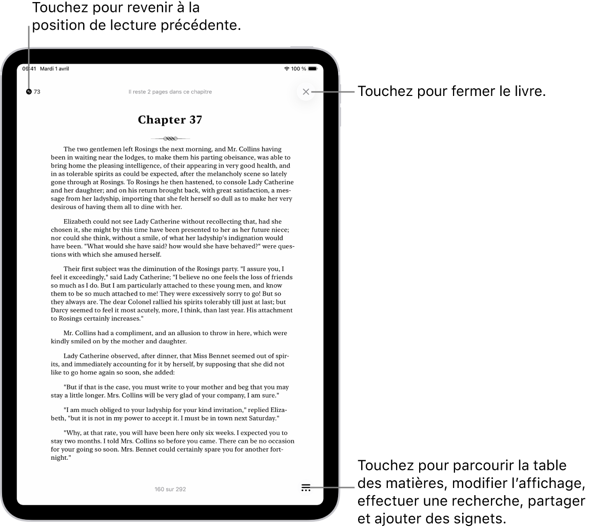 Une page d’un livre dans l’app Livres. En haut de l’écran se trouvent les boutons permettant de revenir à la page où la lecture a commencé et de fermer le livre. En bas à droite de l’écran se trouve le bouton Menu.