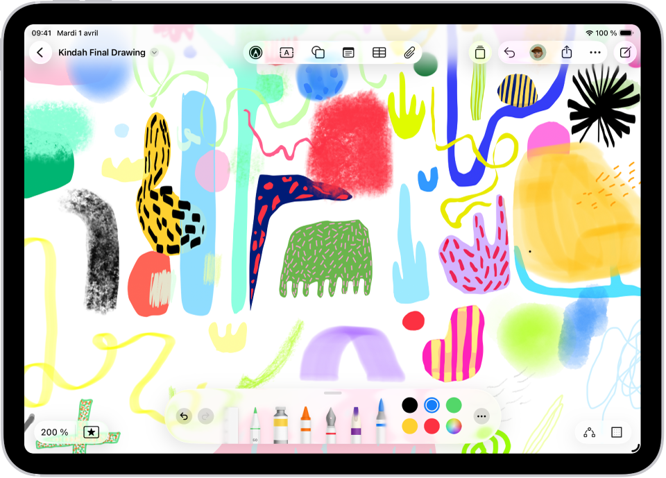Un dessin sur un tableau Freeform avec des outils de dessin visibles.