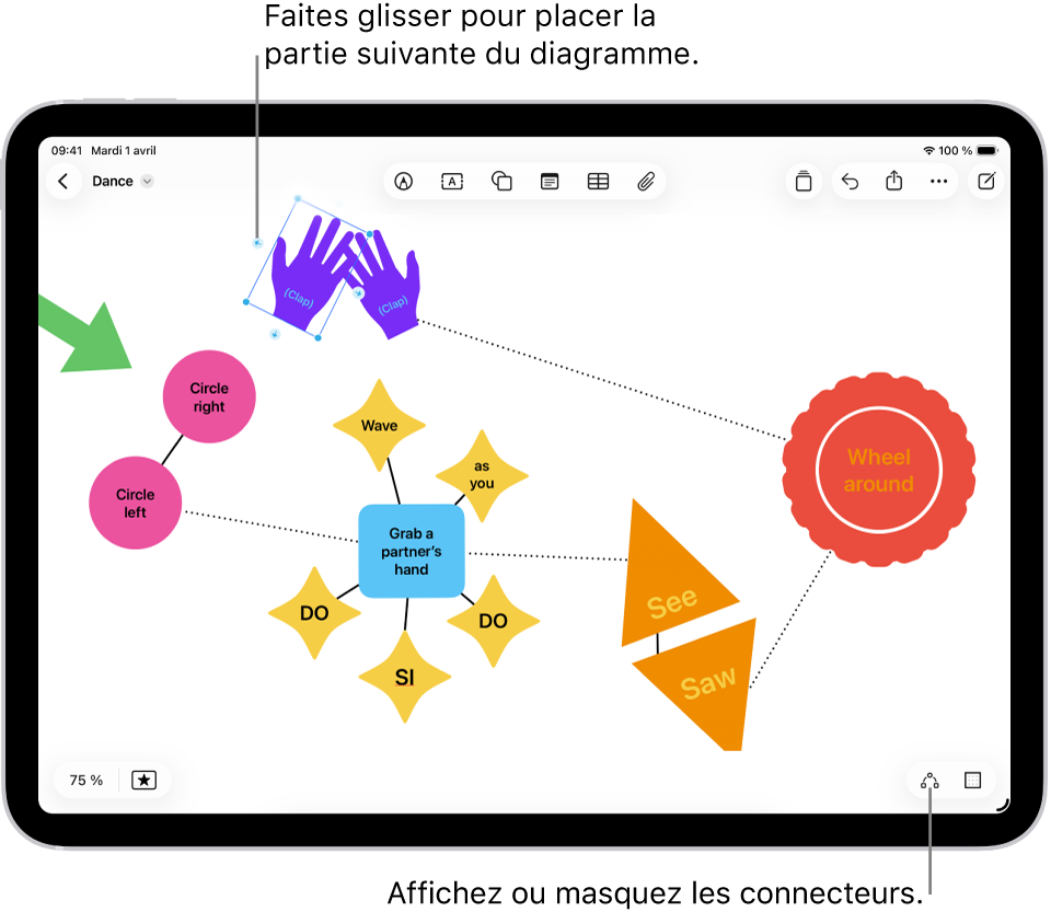 Un diagramme dans un tableau Freeform, avec des connecteurs affichés sur une figure sélectionnée.