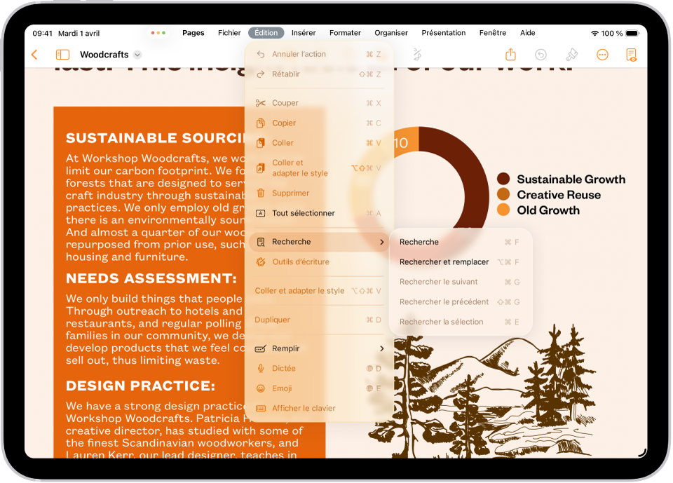 L’app Pages ouverte, avec la barre des menus affichée en haut de l’écran. Le menu Édition de la barre des menus est ouvert et affiche une liste d’actions que vous pouvez effectuer, notamment « Tout sélectionner », Rechercher ou encore Dupliquer.