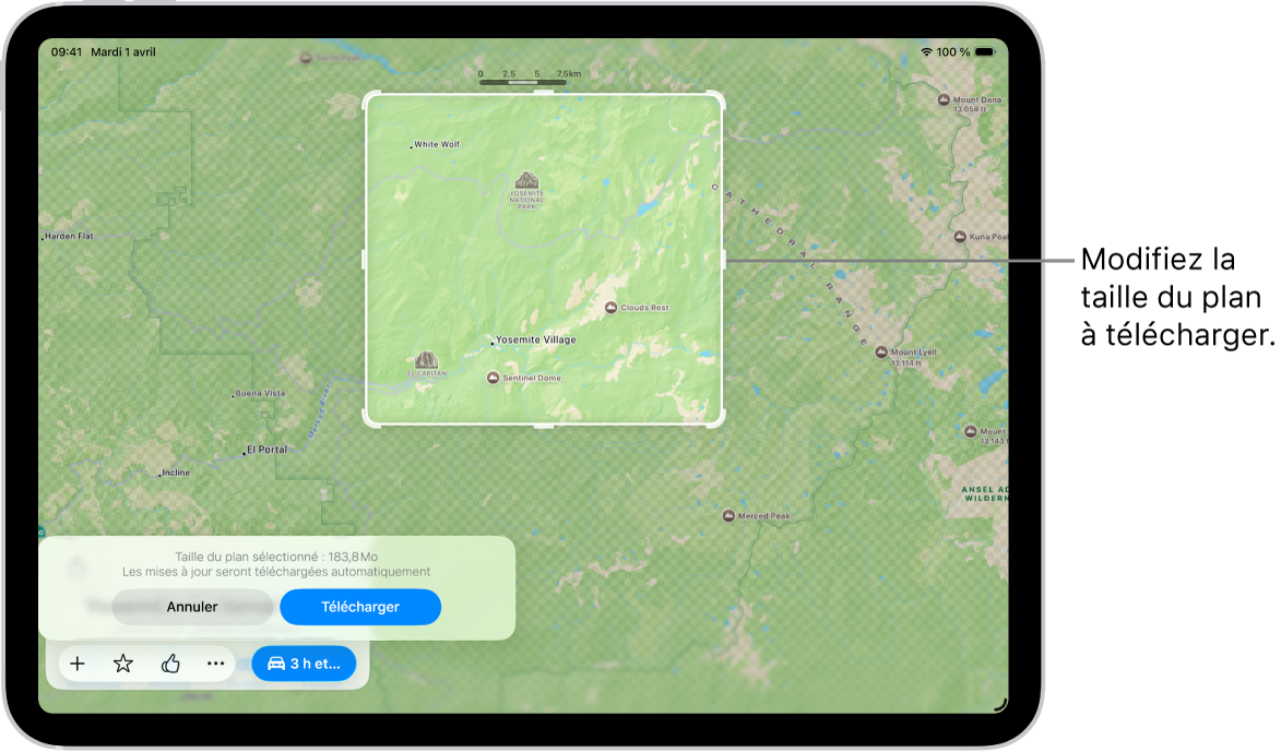 Un iPad affichant un plan d’un parc national. Le parc est encadré par un rectangle avec des poignées, qui peuvent être déplacées pour modifier la taille du plan à télécharger. La taille de téléchargement du plan sélectionné est indiquée vers le bas du plan. Les boutons Annuler et Télécharger se trouvent en bas de l’écran.