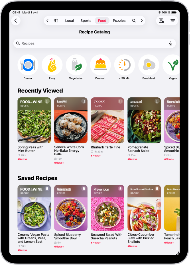 Le catalogue de recettes dans l’app Apple News+.