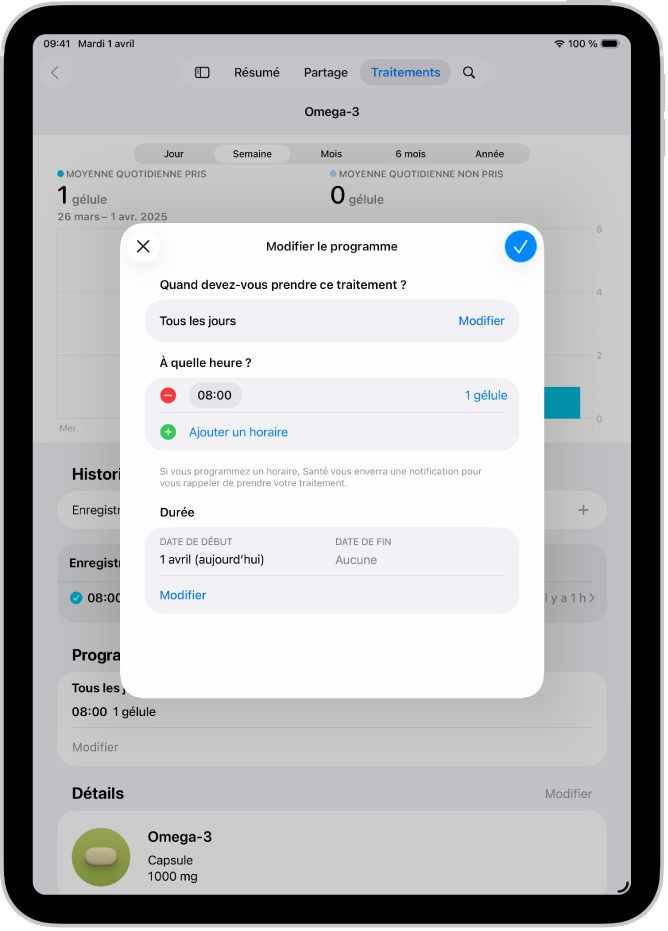L’écran Traitements dans Santé affichant des options permettant de modifier le programme d’un traitement.