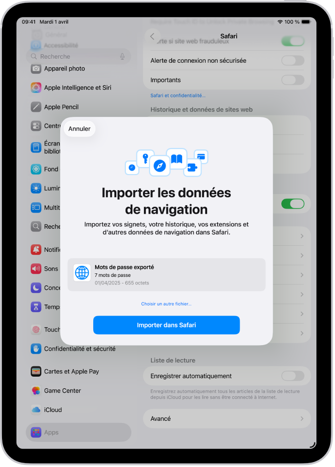 Écran Importer les données de navigation affichant le fichier CSV de mots de passe provenant d’un autre gestionnaire de mots de passe à importer.