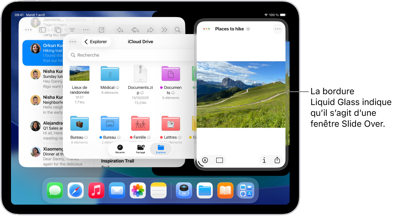 Trois fenêtres d’app ouverte sur l’écran, l’une d’entre elles est une fenêtre Slide Over, comme l’indique la bordure Liquid Glass.