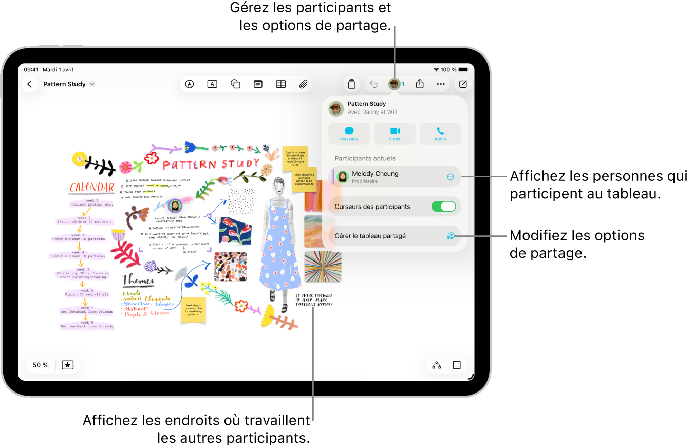 Un tableau Freeform partagé sur l’iPad. Le menu de collaboration est ouvert et l’emplacement d’autres participants sur le tableau est représenté par des coches colorées.