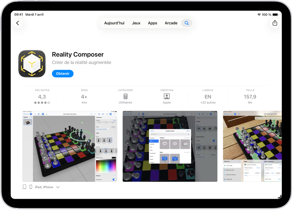 Page d’informations d’une app dans l’App Store. La page montre le bouton Obtenir, les avis, les classifications d’âge, le développeur, des captures d’écran et plus encore. Au milieu de la partie supérieure, de gauche à droite, se trouvent les boutons Aujourd’hui, Jeux, Apps, Arcade et Recherche.