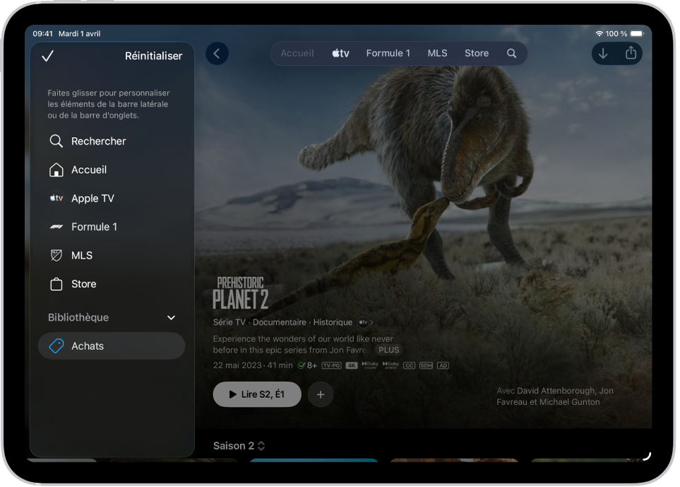 Un iPad avec des options de personnalisation de la barre d’onglets en haut de l’écran.