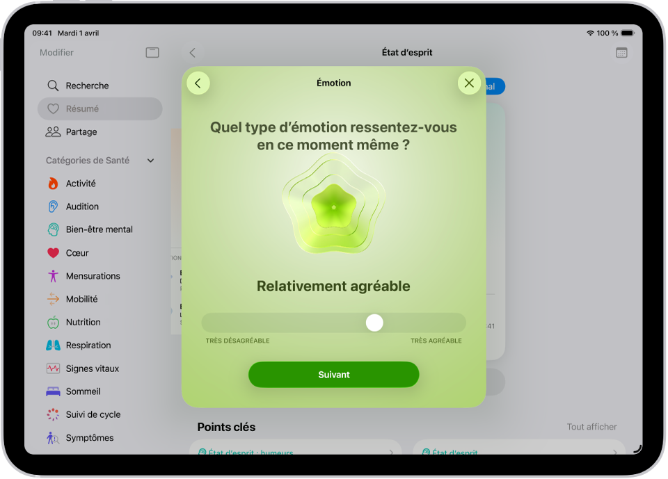 Écran de l’app Santé indiquant que l’humeur actuelle est Relativement agréable. En bas de l’écran, un curseur permet de régler le niveau de l’émotion.